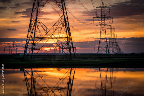 Electricity pylons disappear over horizon on marshland at sunset