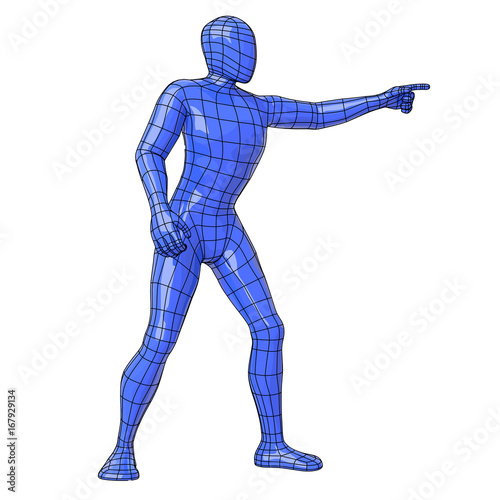 Wireframe human figure pointing something side view