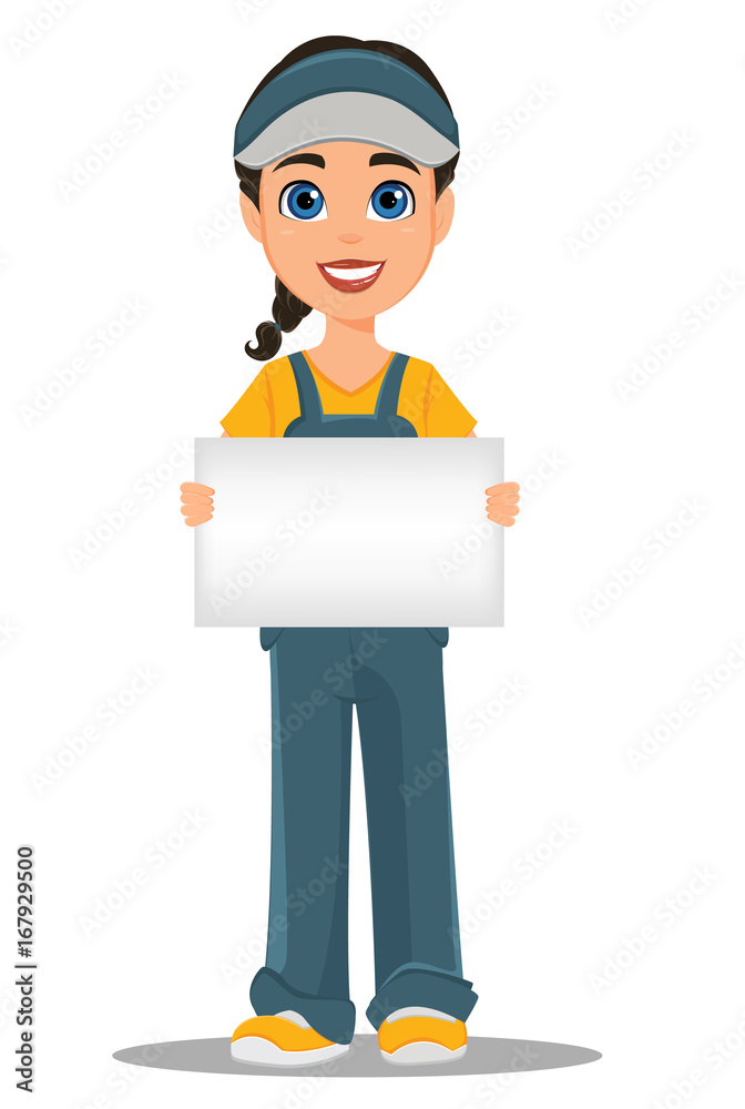 Courier woman holding blank placard. Professional fast delivery.