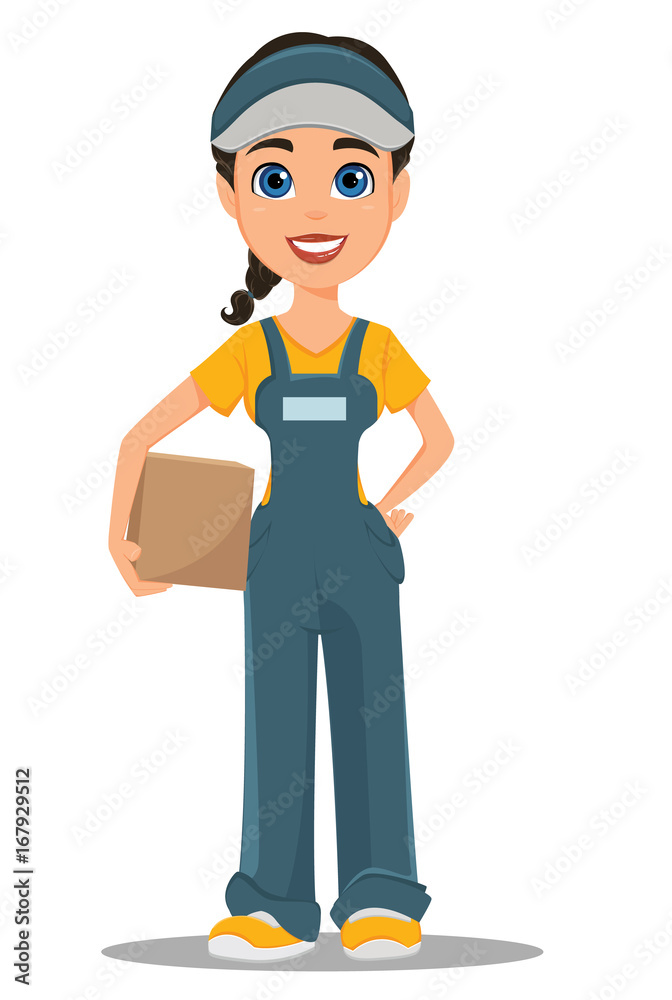 Courier woman holding carton box. Professional fast delivery. Courier woman holding carton box. Professional fast delivery.