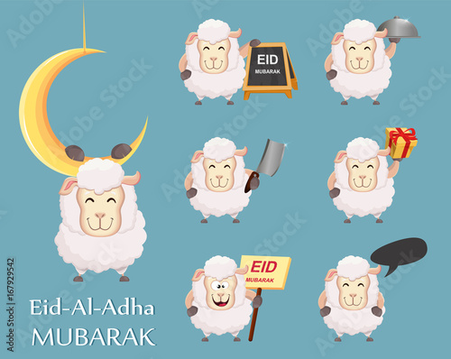 Festival of sacrifice Eid al-Adha. Traditional muslin holiday. Set of funny sheep.