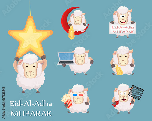 Festival of sacrifice Eid al-Adha. Traditional muslin holiday. Set of funny sheep with various things.