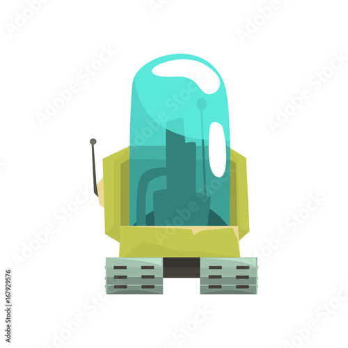 Cartoon robot crawler character with glass blue lense vector Illustration