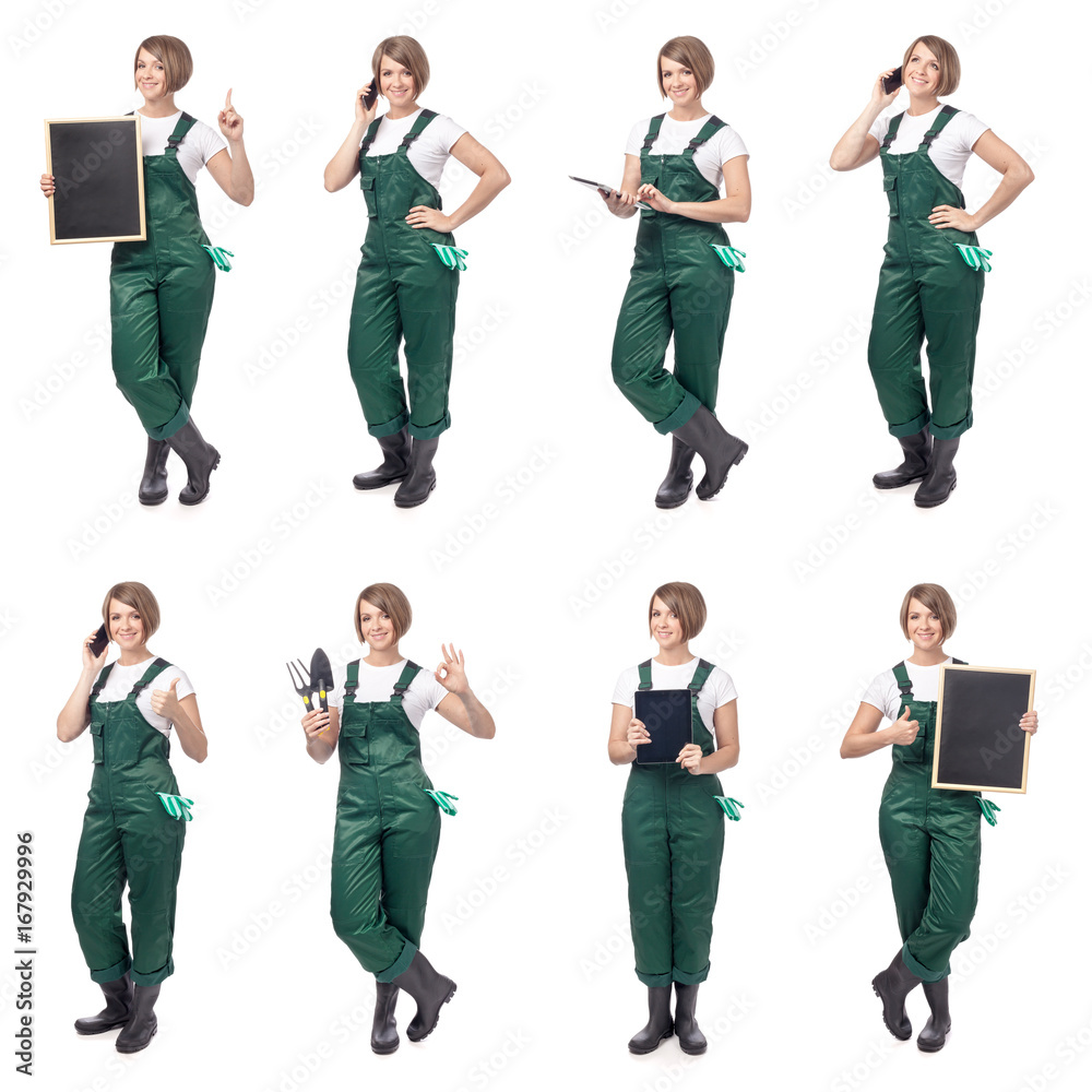 Obraz premium smiling woman professional gardener. gardening service and business concept. collage