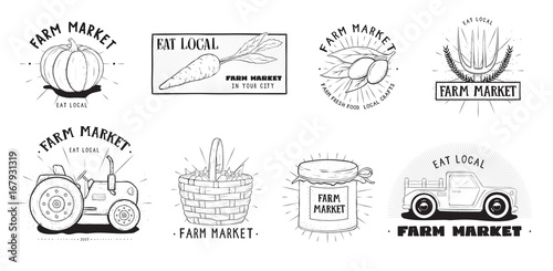 Fresh food labels set. Farm market various logo collection. Hand drawn vector illustration on white background.
