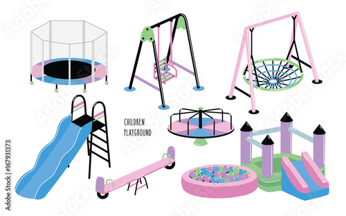 Children playground set. Different children s outdoor equipment trampoline, bouncy castle, hill, carousel, sandbox, slide, balance. Colorful vector illustration collection.
