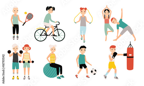 Kids sports activity collection. Exercising children set. Weightlifting, boxi...