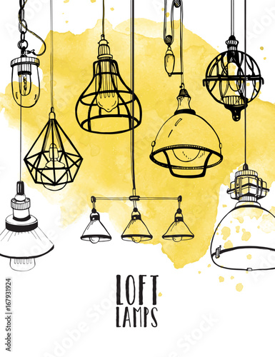 flyer with modern edison loft lamps, vintage, retro style light bulbs
