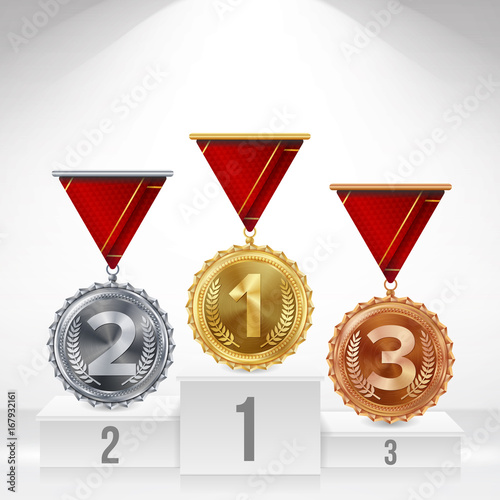 Pedestal With Gold, Silver, Bronze Medals Vector. White Winners Podium. Number One. 1st, 2nd, 3rd Placement Achievement Concept. Isolated Illustration.