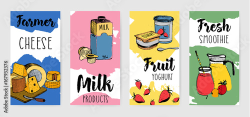 Colorful dairy products vertical advertising flyer set. Different hand drawn banner on colorful background. Vector illustration collection.
