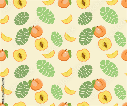Peach pattern with full peach, slice of peach, half peach and leaves on light yellow background