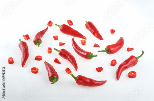 Chili pepper on white background top view