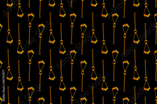 Golden broom on black background - vector pattern, Halloween witches broomstick - vector pattern, witches broom pattern