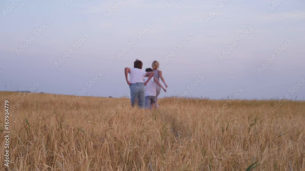Mother and sons walking in wheat field