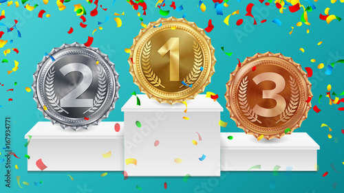 Winner Pedestal With Gold, Silver, Bronze Medals Vector. White Winners Podium. Number One. Red Ribbon, Olive Branch, Confetti. Competition Trophy. Isolated Illustration.