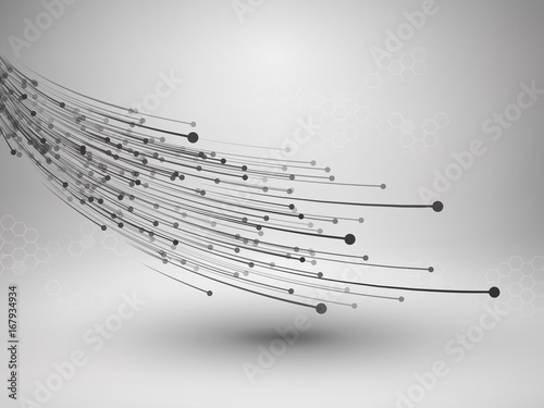 Wave. Swirl with connected line and dots. Wired structure. Connection concept. Technology background.