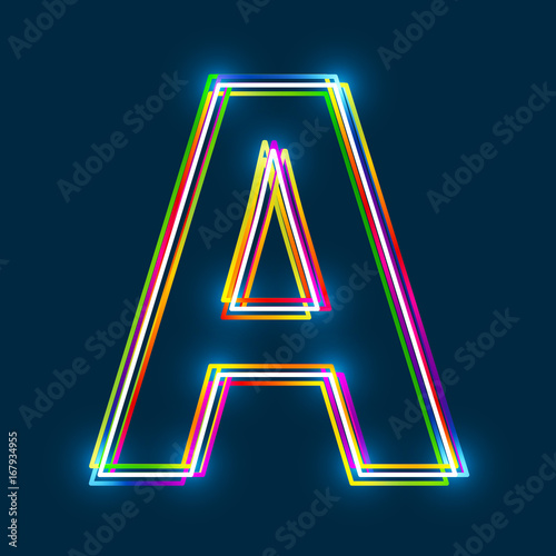 Greek Capital Letter Alpha. Multicolor outline font with glowing effect on blue background. Vector EPS10