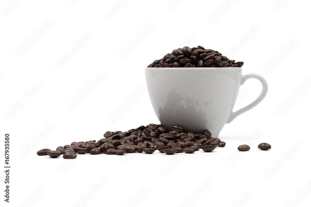 Roasted coffee beans in a cup of coffee Roasted coffee beans in a cup of coffee
