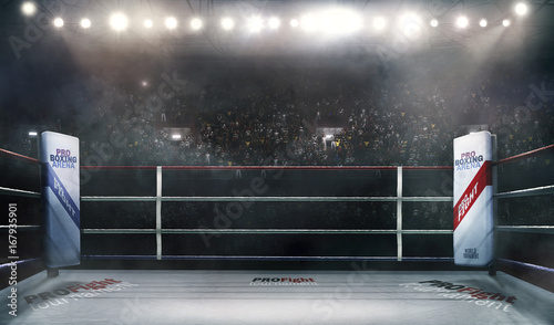 professional boxing arena in lights 3d rendering photo