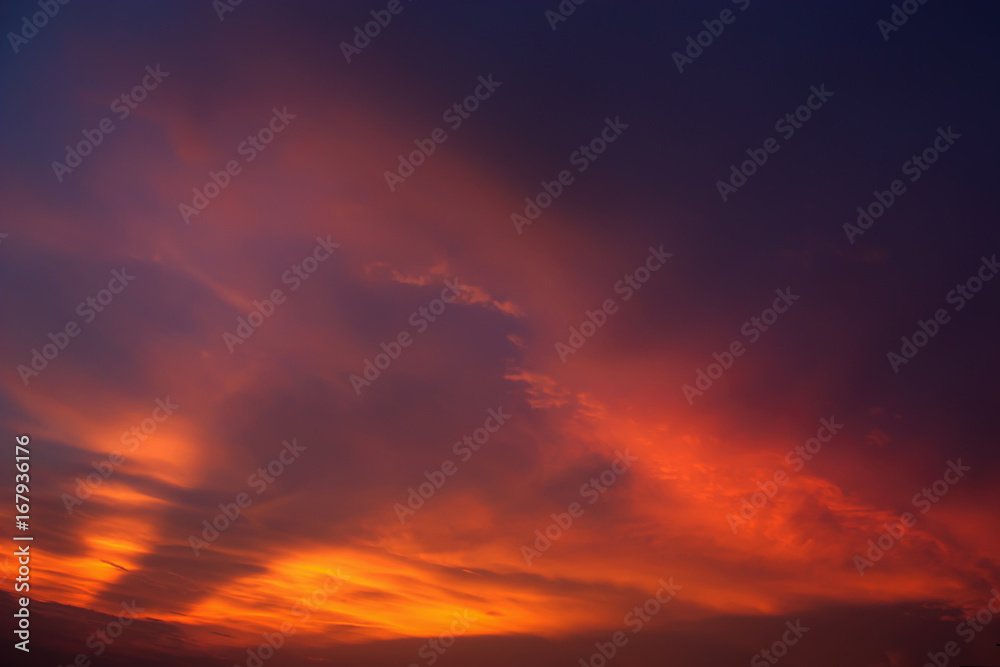 Panorama dramatic atmosphere of summer sunset sky and clouds background.