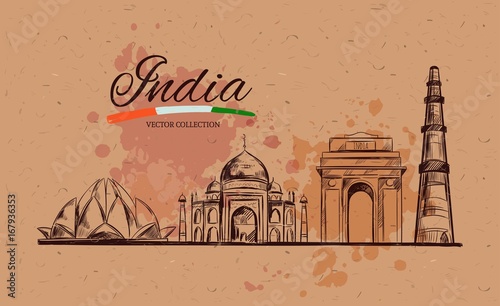 Lotus temple. Taj Mahal. Gate of India. Kutb-Minar. The Heritage of India. Vector hand drawn illustration. Sketch style. Concept. Template