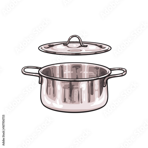 vector metal chrome cooking pot sketch cartoon isolated illustration on a white background. Kitchenware equipment utensil objects concept