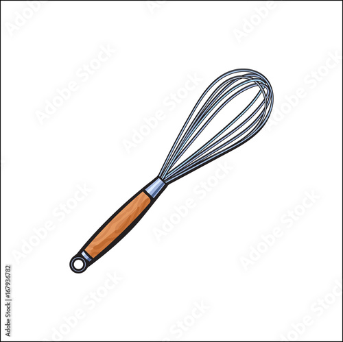 Vector sketch cartoon stainless egg wire whisk for whipping, egg beater isolated illustration on a white background. Kitchenware equipment utensil objects concept