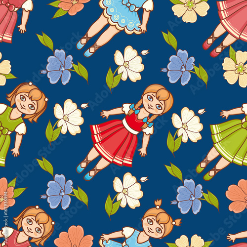 Little Ballerina and Flower. Cartoon style. Seamless pattern. Baby Doll. 