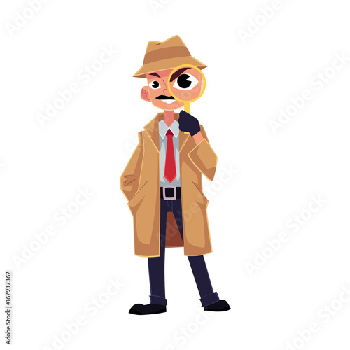 Comic style detective character looking through magnifying glass, cartoon vector illustration isolated on white background. Full length portrait of funny detective character looking through magnifier