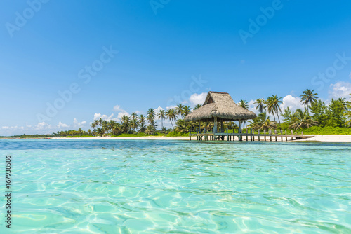 Playa Blanca, Punta Cana, Dominican Republic, Caribbean Sea. Thatched hut on the beach. photo
