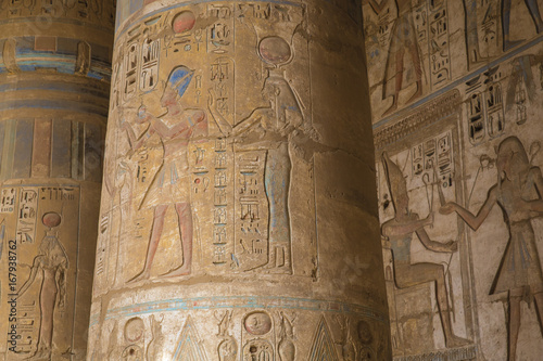 Egypt, Luxor, West Bank, The temple of Ramesses 111 at Medinet Habu, Columns in the portico of the second court