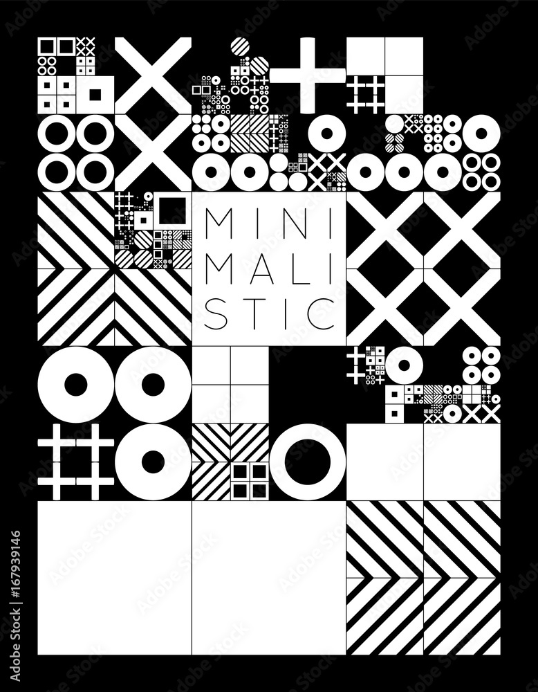 Obraz premium Subdivided grid system with symbols. Randomly sized objects with fixed space between. Futuristic minimalistic monochrome layout. Conceptual generative background. Procedural graphics. Creative coding.