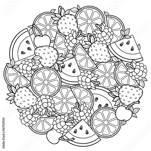 coloring book for adult, for meditation and relax. Round shape of watermelon, strawberries, citrus, cherries and strawberries. Black and white image on a white background of isolated elements