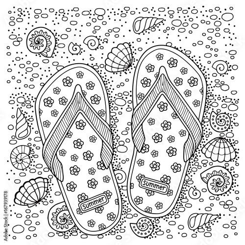 coloring book for adult, for meditation and relax of sell, flip-flop, shells, stones and sand. Black and white image on a white background 
