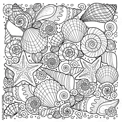 coloring book for adult, for meditation and relax. Round shape of sell, anchors, shells, stones and sand. Black and white image on a white background 