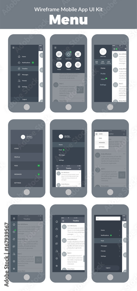 Wireframe UI kit for mobile phone. Mobile App. Menu screens Wireframe UI kit for mobile phone. Mobile App. Menu screens