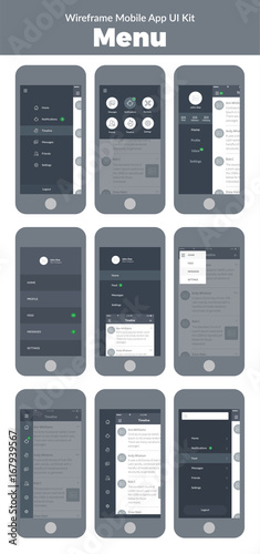 Wireframe UI kit for mobile phone. Mobile App. Menu screens