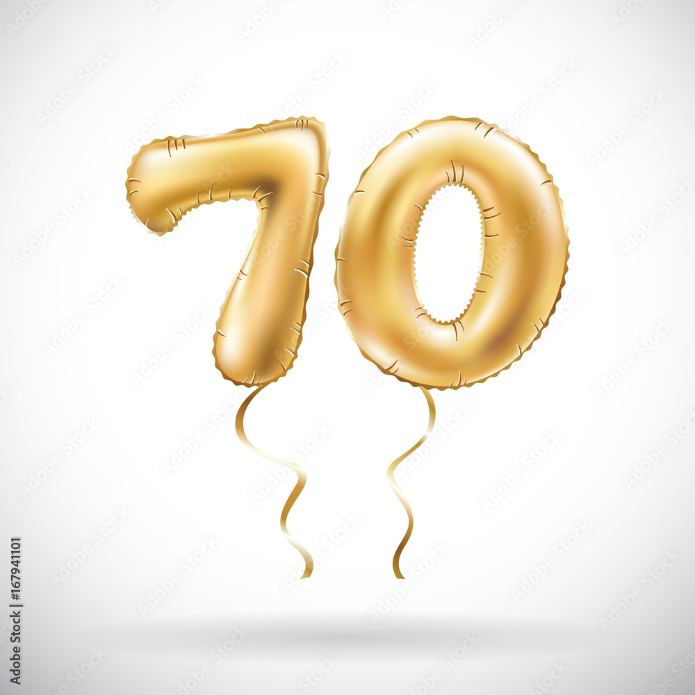 vector Golden number 70 seventy metallic balloon. Party decoration golden balloons. Anniversary sign for happy holiday, celebration, birthday, carnival, new year. - obrazy, fototapety, plakaty 