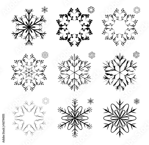 set of symmetrical snowflakes with little preview on the top right corner. vector scatter brush.