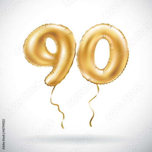 vector Golden number 90 ninety metallic balloon. Party decoration golden balloons. Anniversary sign for happy holiday, celebration, birthday, carnival, new year.