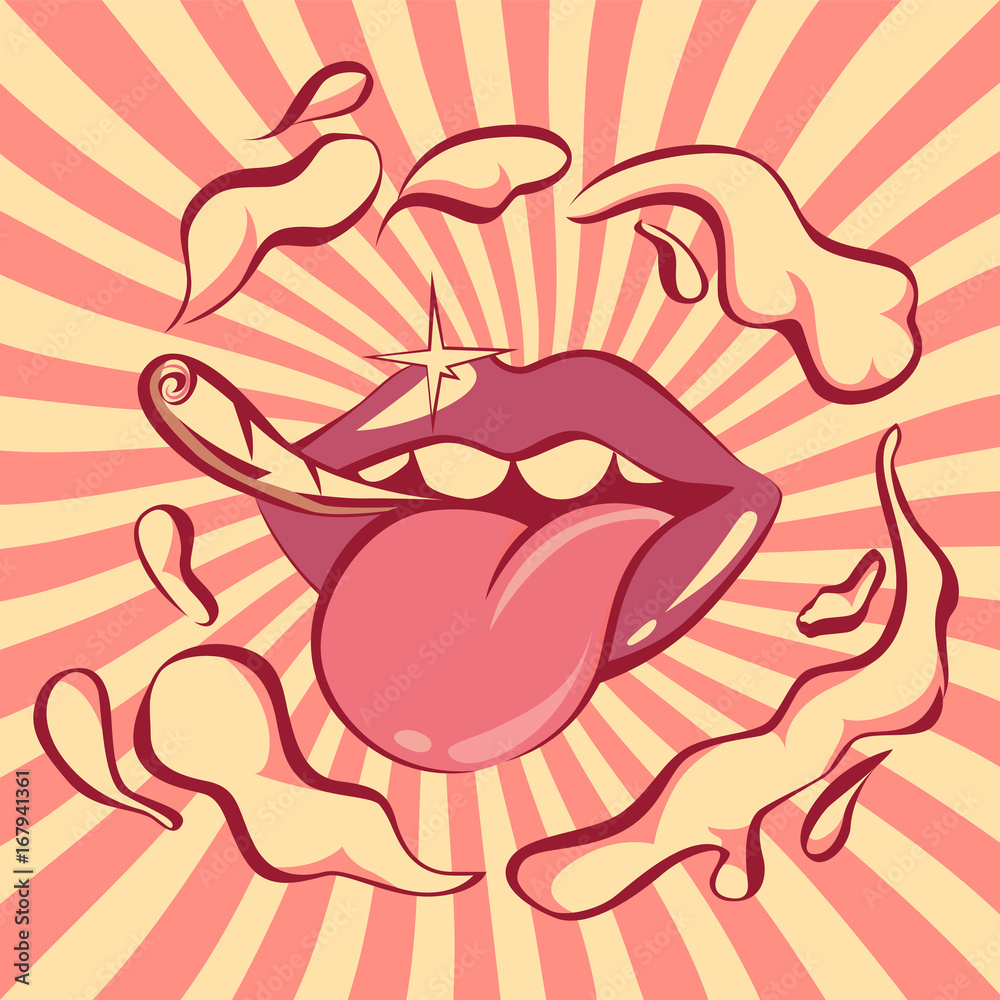Obraz premium Pop art retro lips with roll-up cigarette and clouds of smoke, vector illustration, vintage banner in red tone