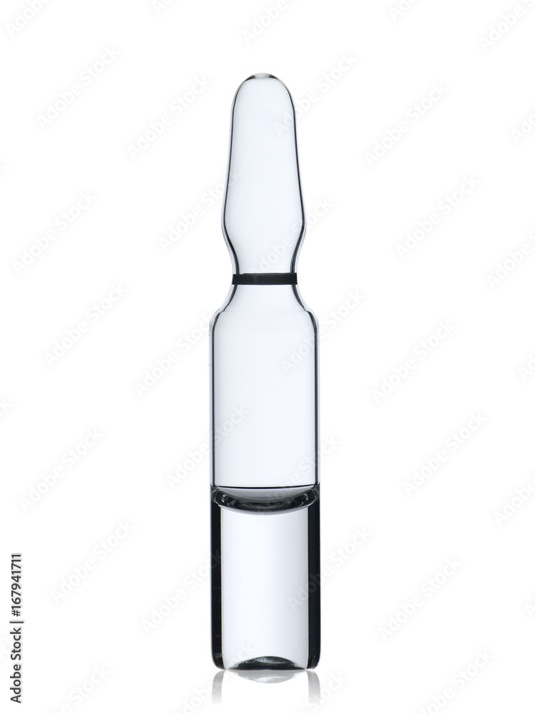 Ampoule from transparent glass with vaccine isolated with reflection Ampoule from transparent glass with vaccine isolated with reflection