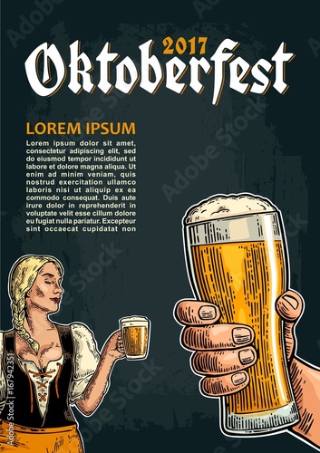 Male hand holding a beer glass and young girl wearing a traditional Bavarian dress dirndl dancing with mug.