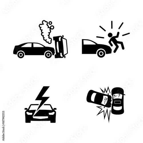 Crashed Cars. Simple Related Vector Icons Set for Video, Mobile Apps, Web Sites, Print Projects and Your Design. Black Flat Illustration on White Background.