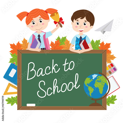 blackboard with pupils and school supplies  - vector illustration, eps
