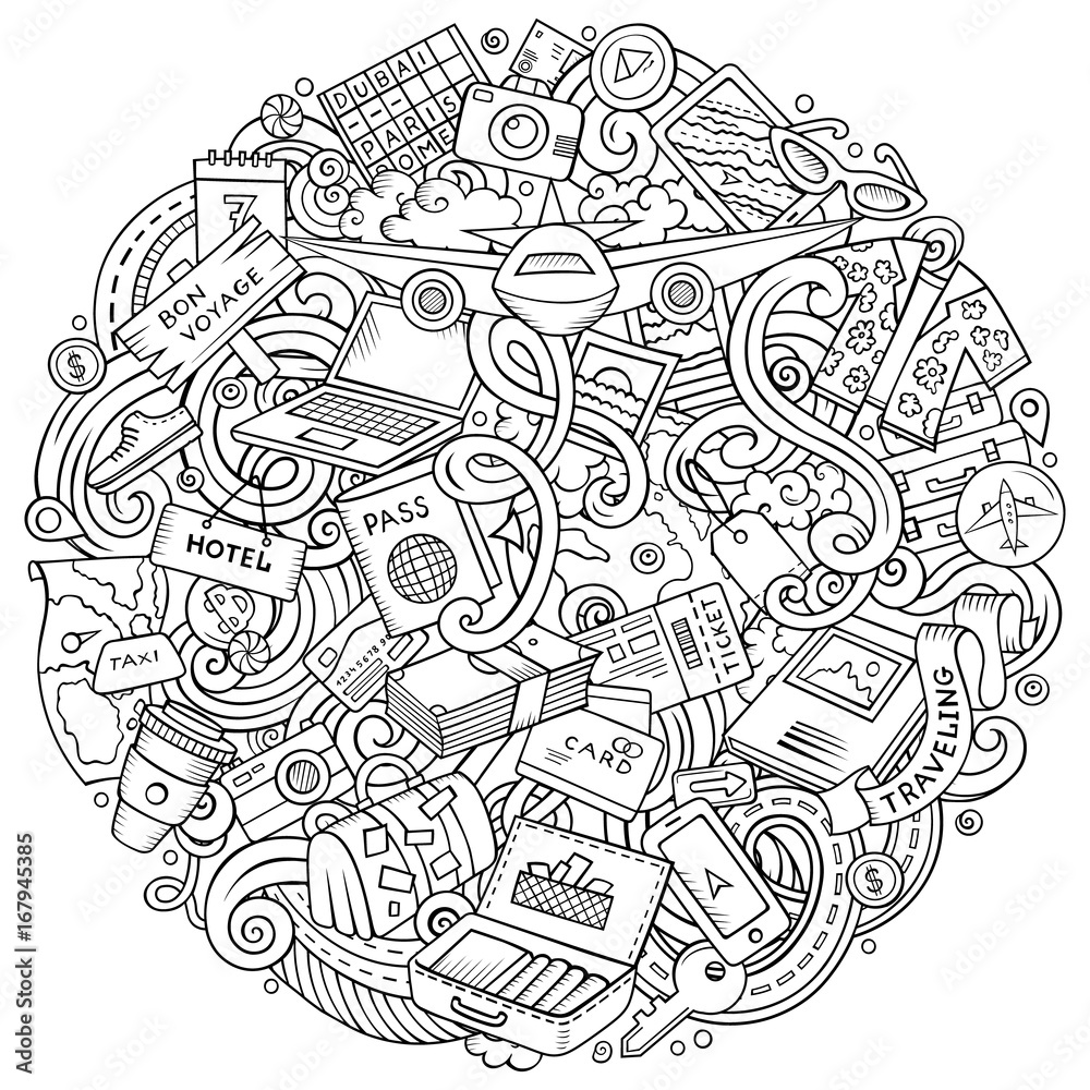 Naklejka premium Cartoon vector doodles Travel illustration