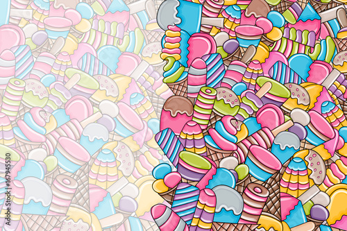 Ice cream cartoon doodle design. Cute background concept for party greeting card,  decoration, advertisement, banner, flyer, brochure. Hand drawn vector illustration. 