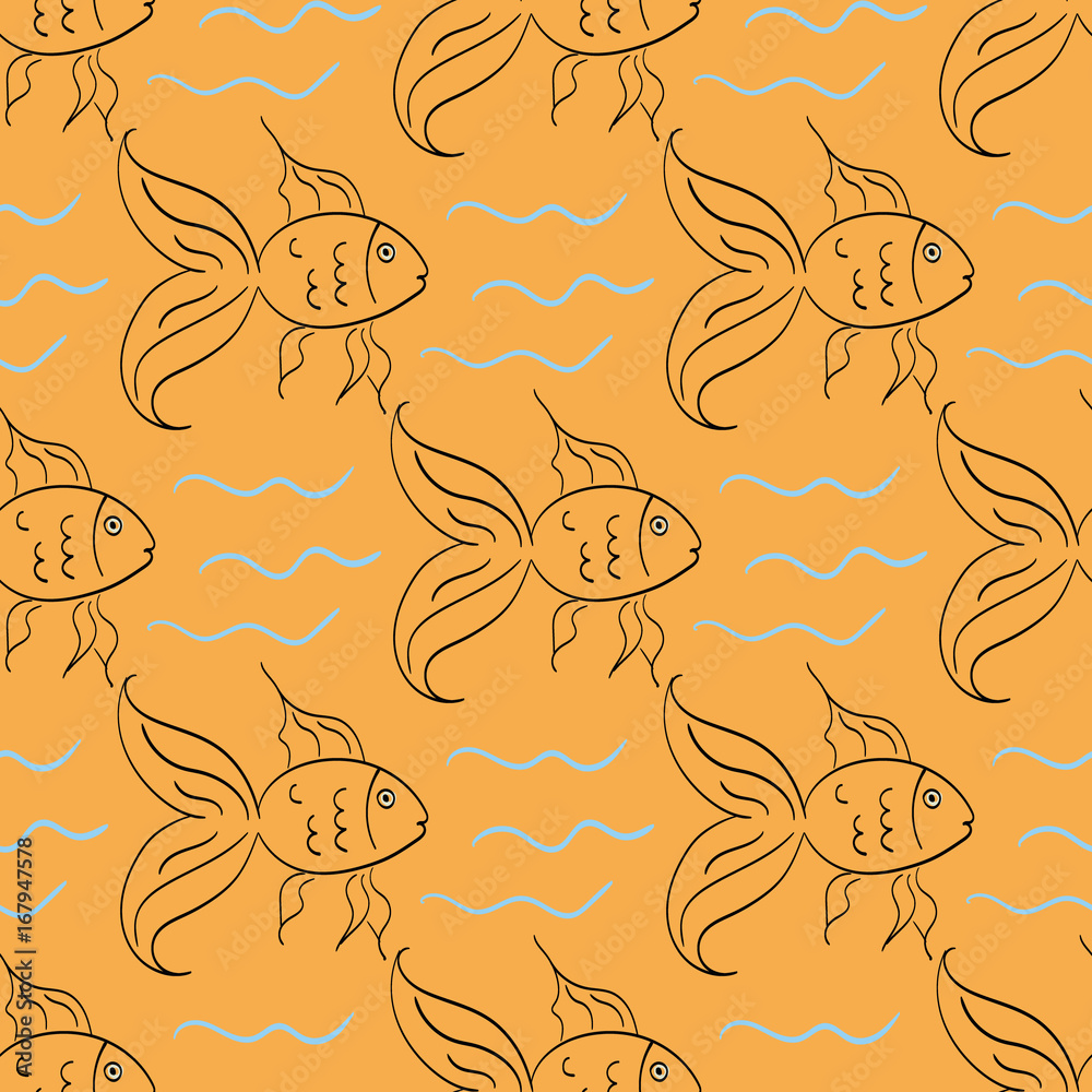 Fototapeta premium Cartoon gold fish, seamless vector illustration with hand drawn fish