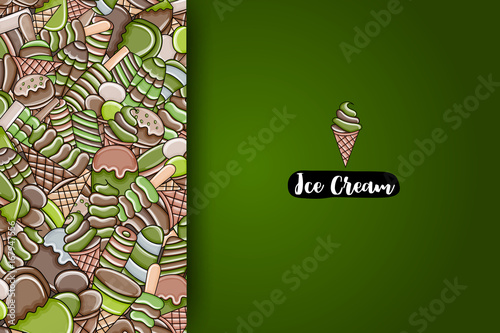 Ice cream cartoon doodle design. Cute background concept for party greeting card,  decoration, advertisement, banner, flyer, brochure. Hand drawn vector illustration. 