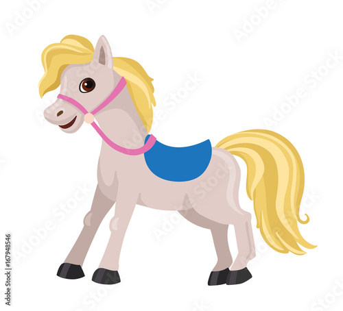 Cartoon horse with a blue saddle. Vector illustration isolated on white background.